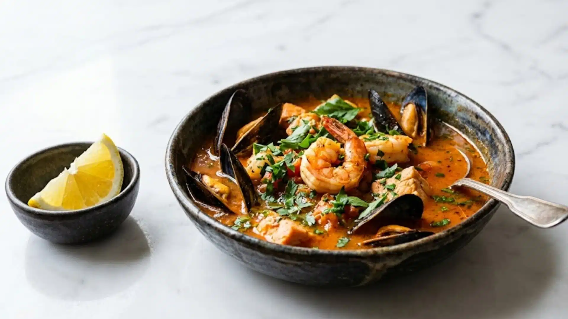 A bowl of Bouillabaisse garnished with a lemon wedge, showcasing a variety of seafood and vibrant colors