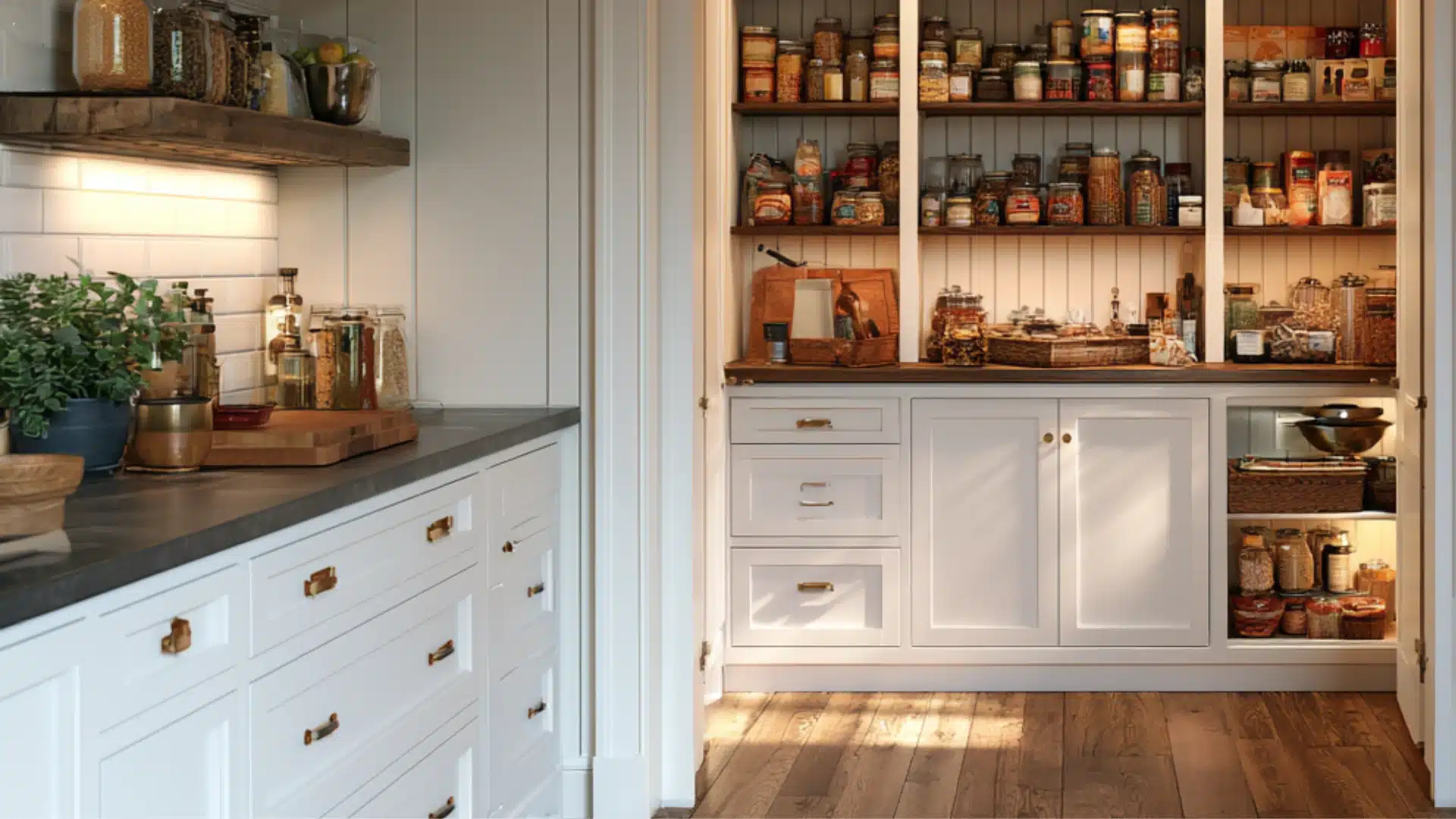 Bright pantry nook with white cabinets wooden shelves jars baskets and kitchen storage beside a clean countertop