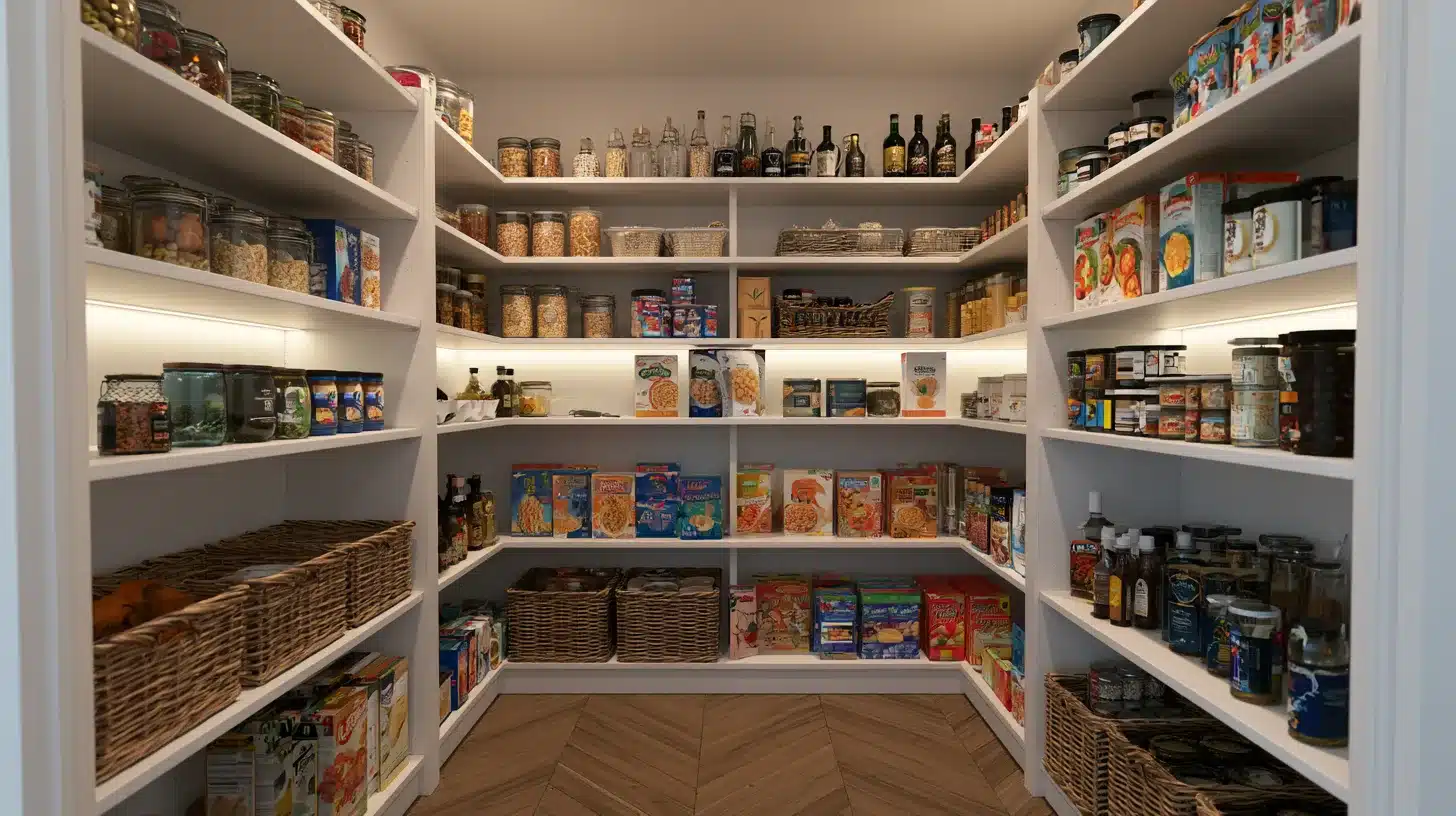 Bright walk in pantry with adjustable pantry shelves baskets jars boxed foods and neatly arranged household pantry supplies