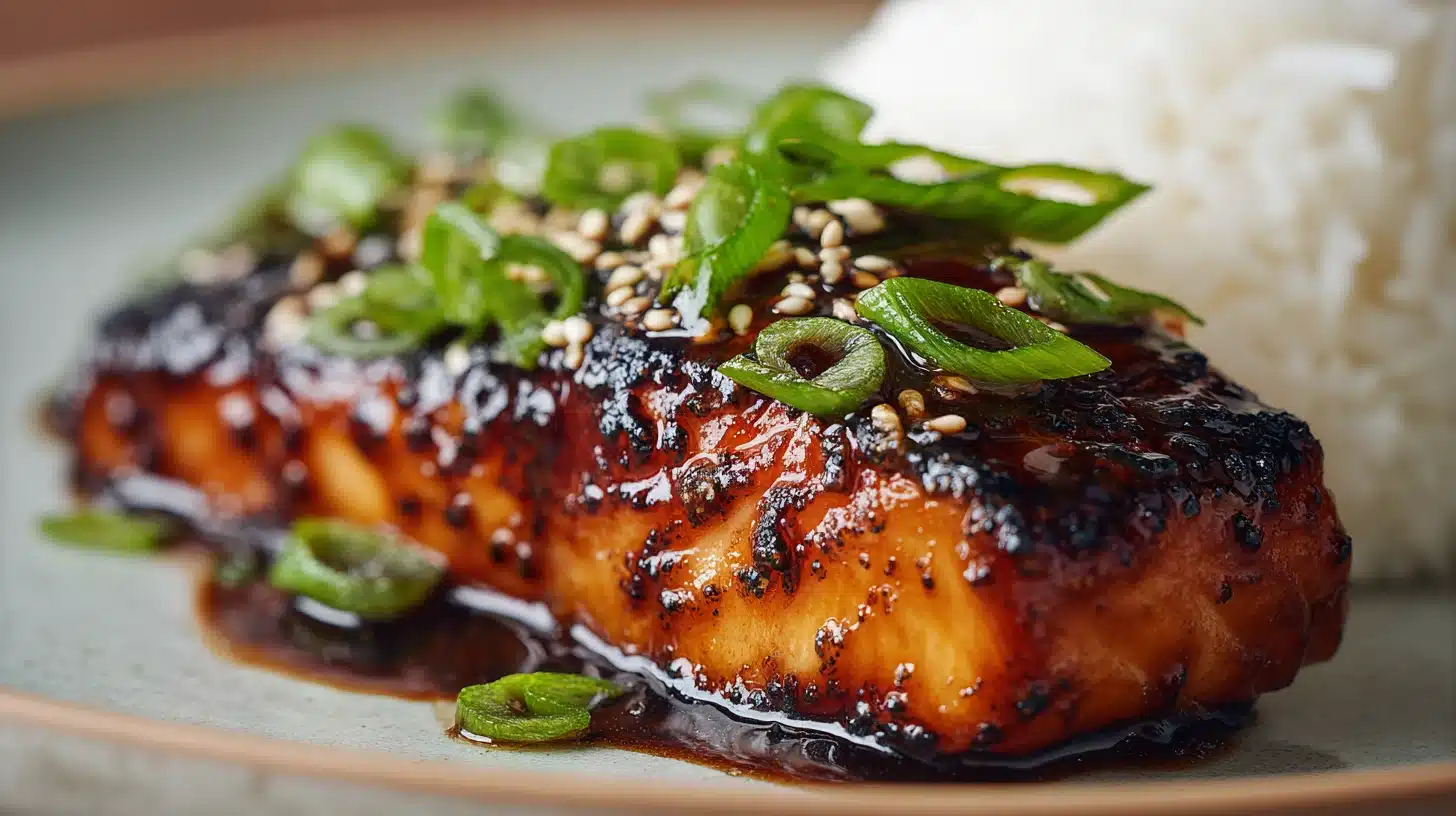 Broiled sablefish cooked with soy sauce and honey, garnished with sesame seeds.