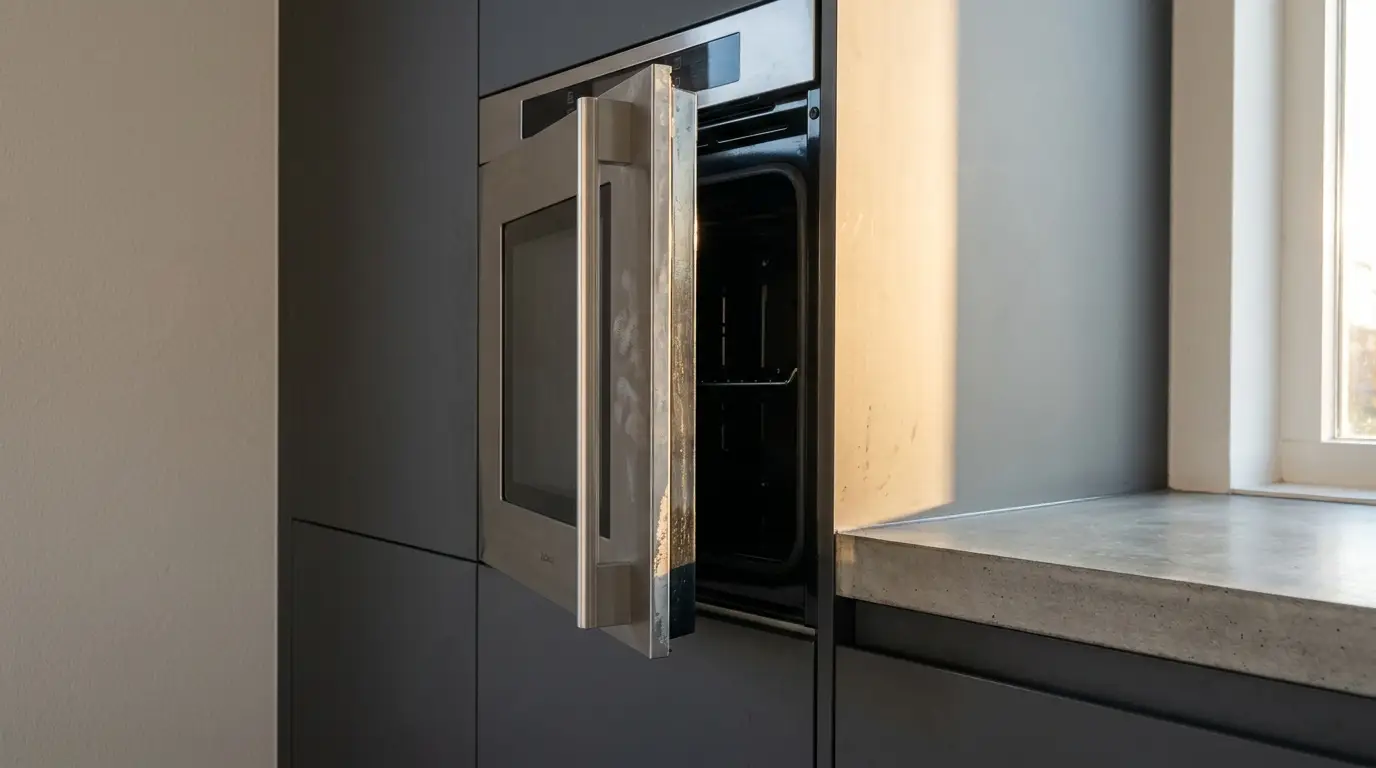 Stainless steel wall oven with open door in modern kitchen cabinetry near a window