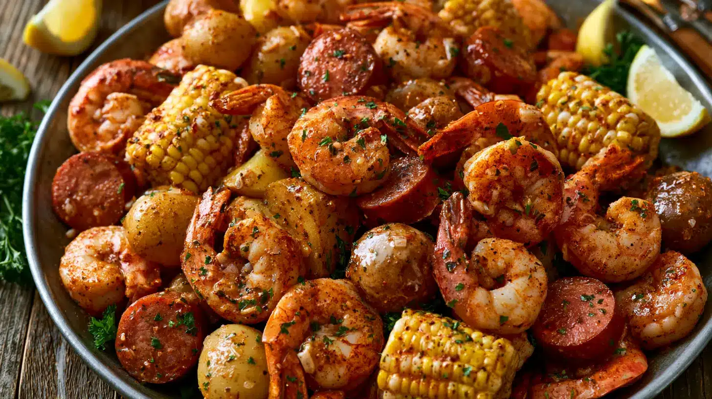 A platter of seasoned shrimp sausage baby potatoes and corn on the cob garnished with parsley and lemon wedges