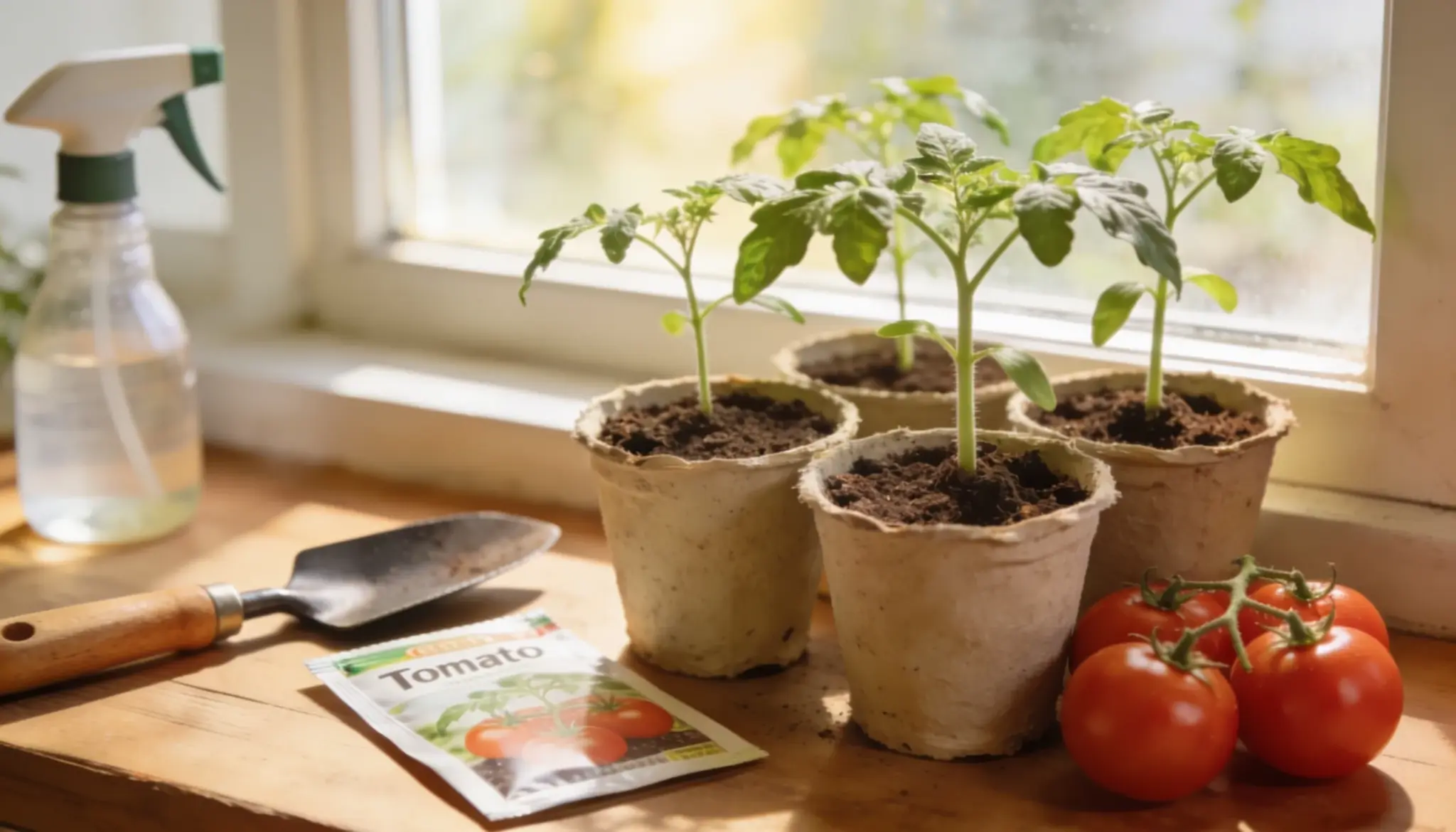 Tomato seedlings grow in biodegradable pots on a windowsill next to a trowel, seed packet, spray bottle, and ripe tomatoes.