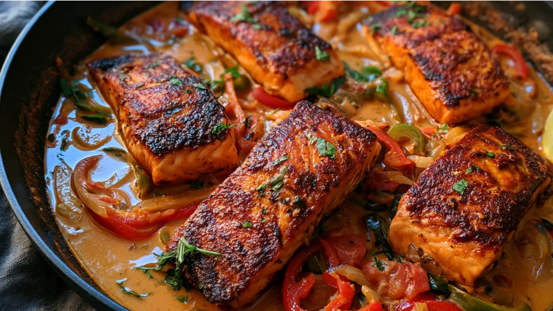 Caribbean-style coconut salmon curry with seared salmon peppers and onions