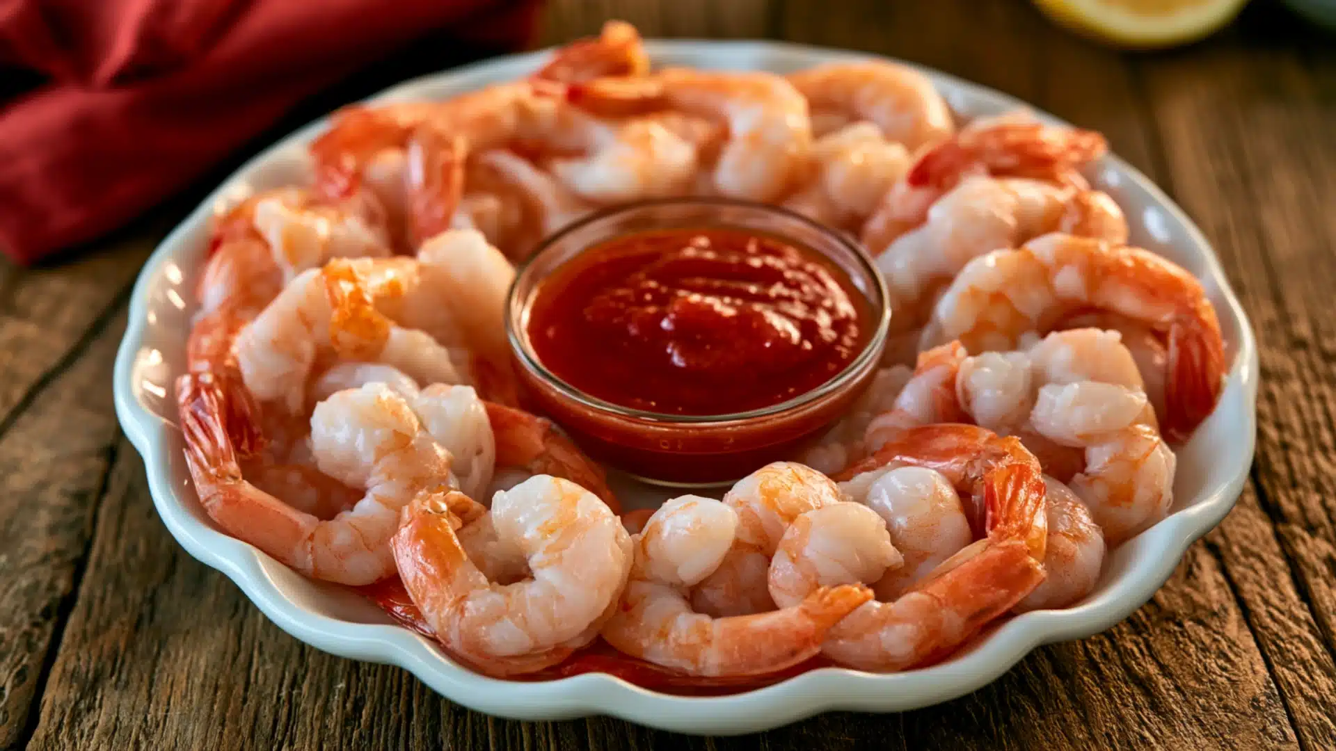 Chilled cooked shrimp arranged around a bowl of red cocktail sauce on a white serving platter.