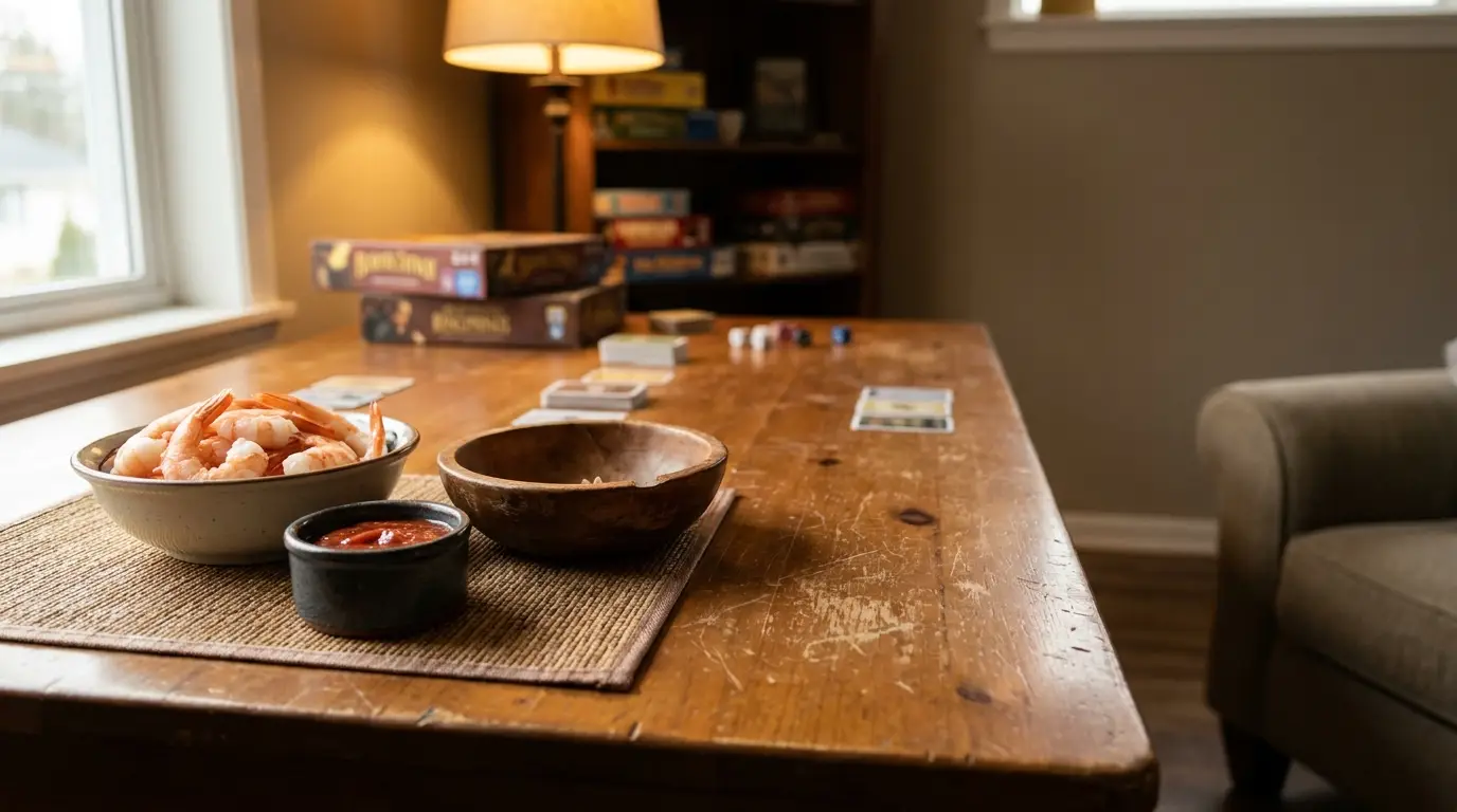 Shrimp cocktail on wooden table with board games in cozy living room setting