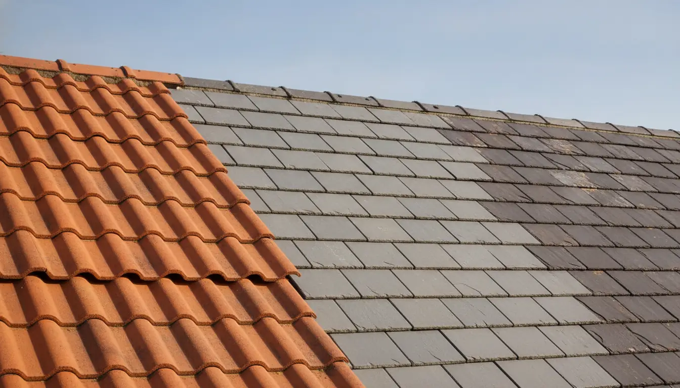 Contrasting clay tiles and slate shingles on roof under clear sky