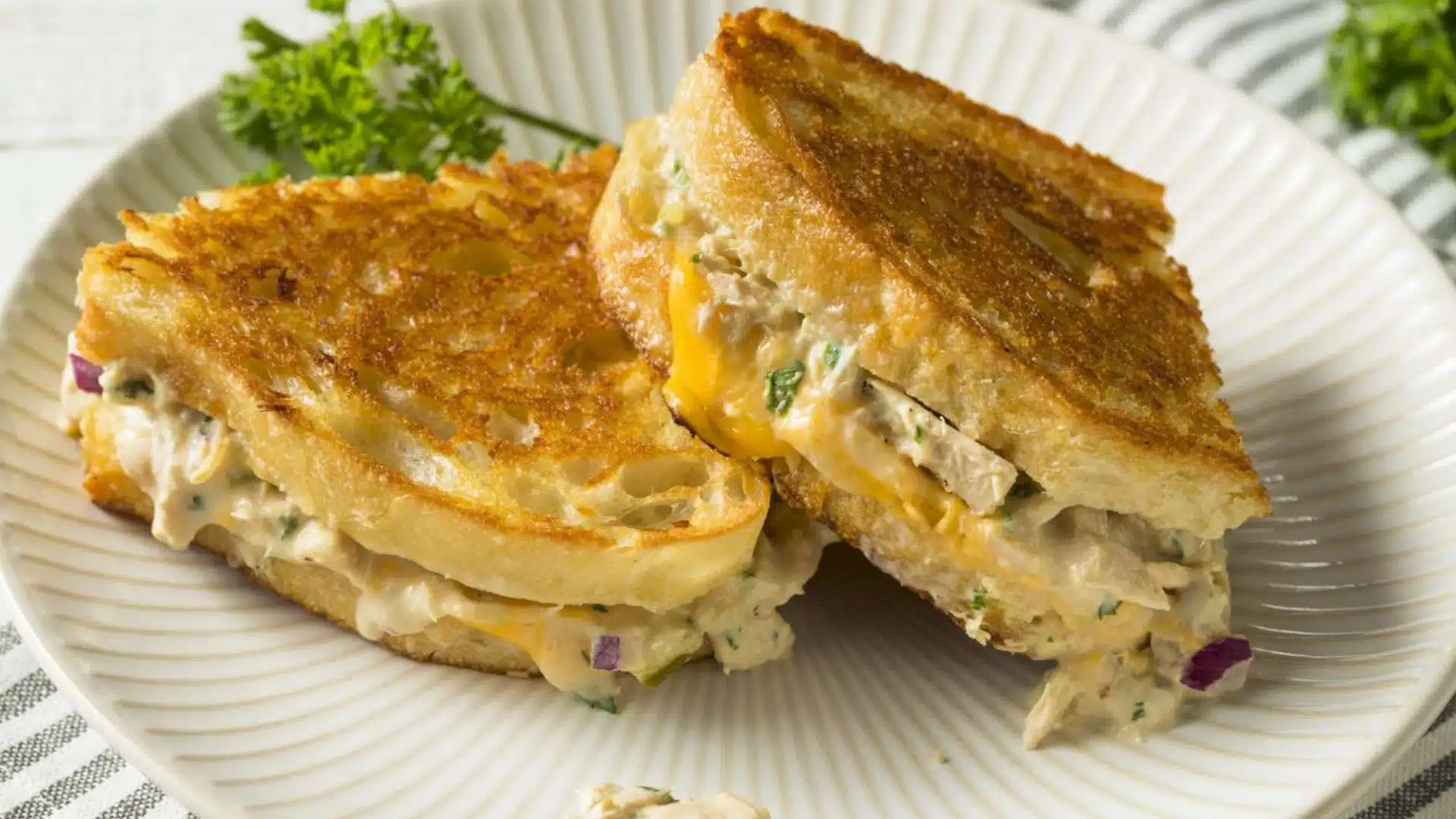 A white ceramic plate dispalying tasty,healthy meat sandwich.