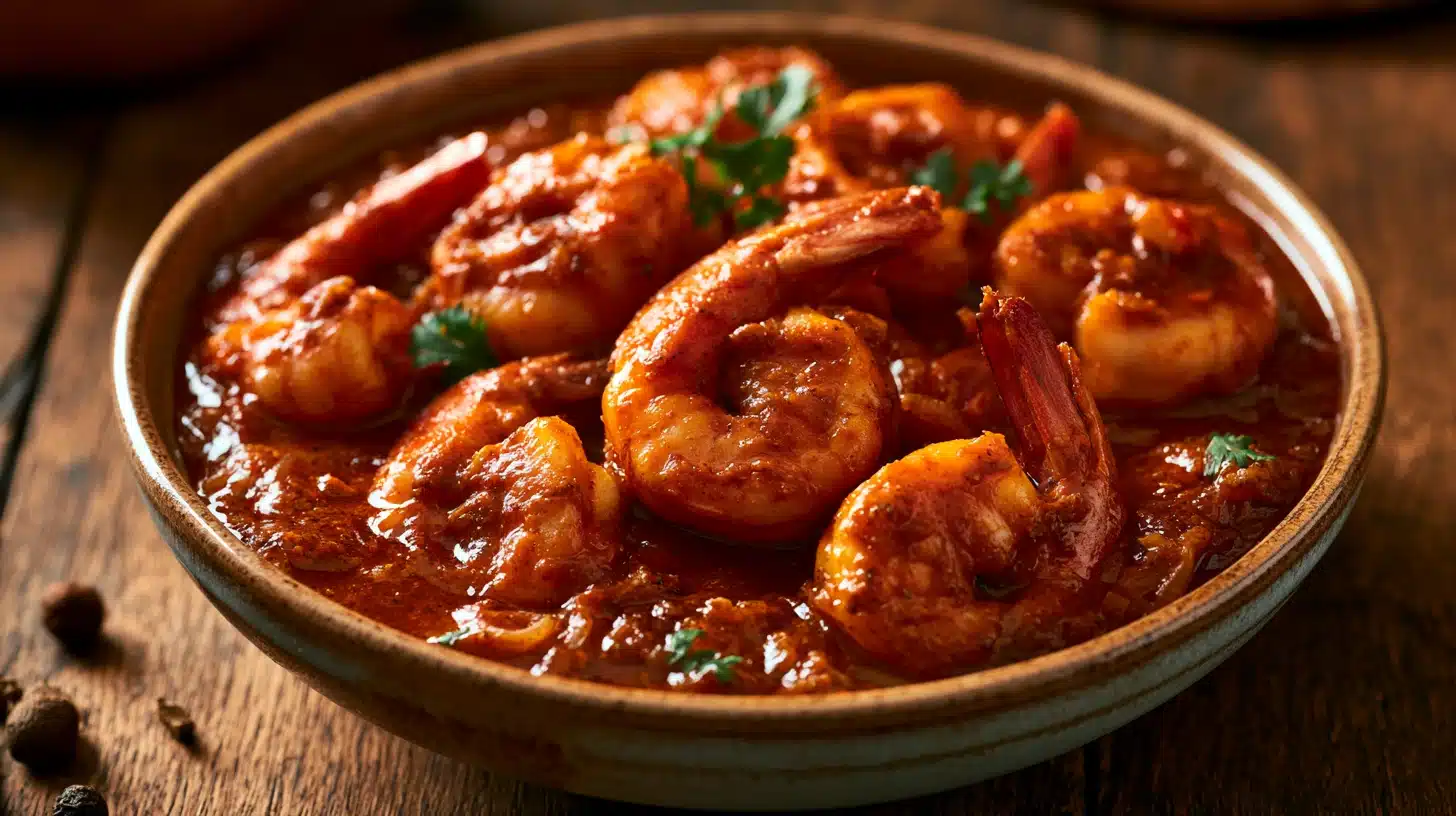 A bowl of classic Indian prawn curry in rich sauce, placed on a rustic wooden table.