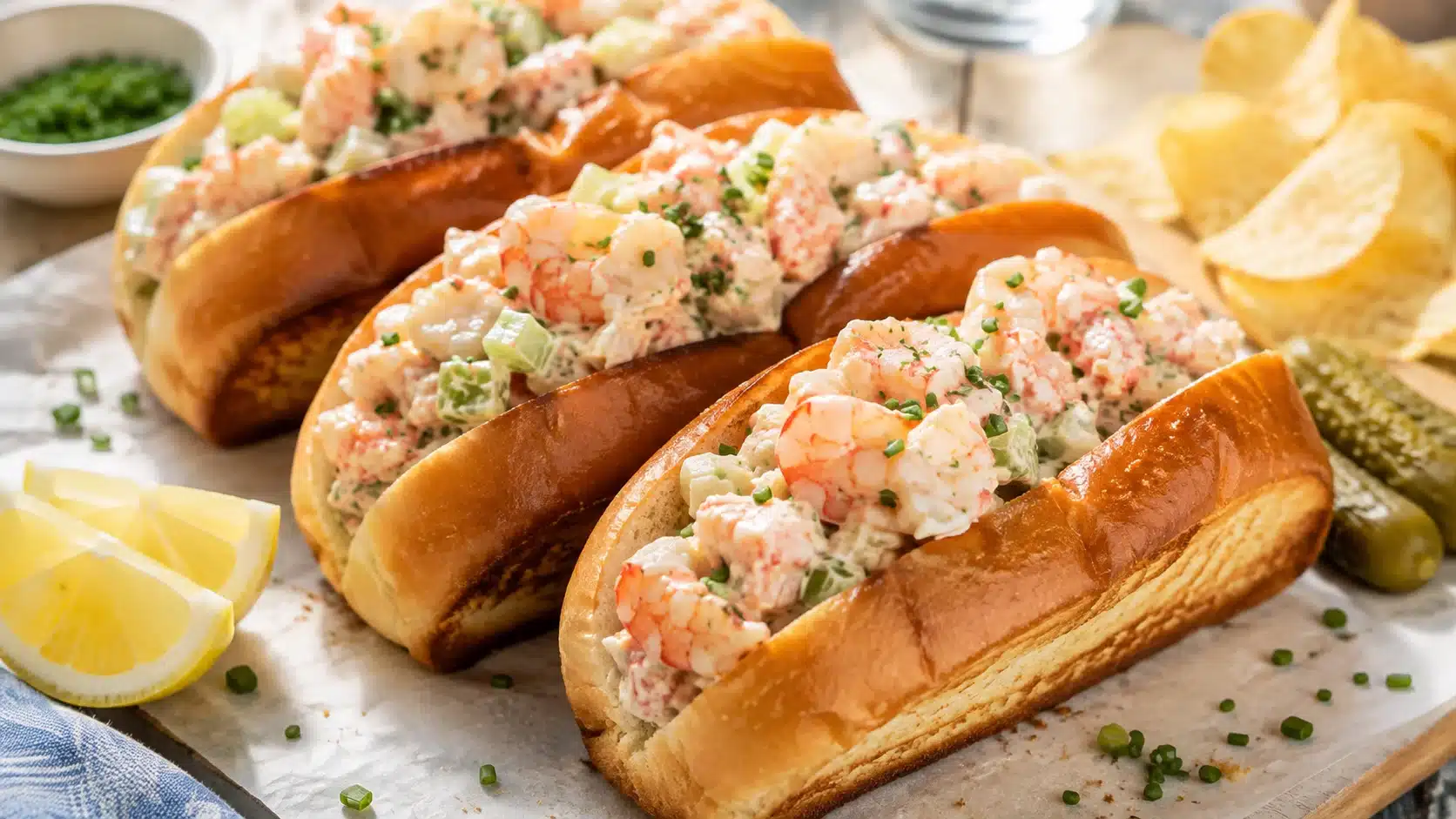 classic shrimp rolls in toasted split-top buns with creamy shrimp filling, celery, chives, lemon, and pickles