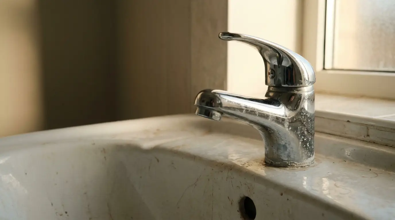 Chrome bathroom faucet with water stains on white ceramic sink in natural light