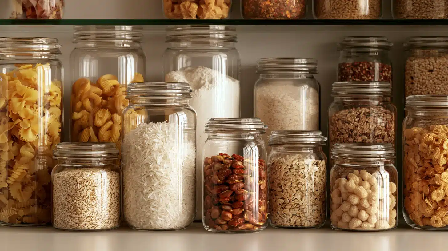 Clear glass pantry jars filled with pasta rice oats cereal grains and snacks lined neatly across white shelves