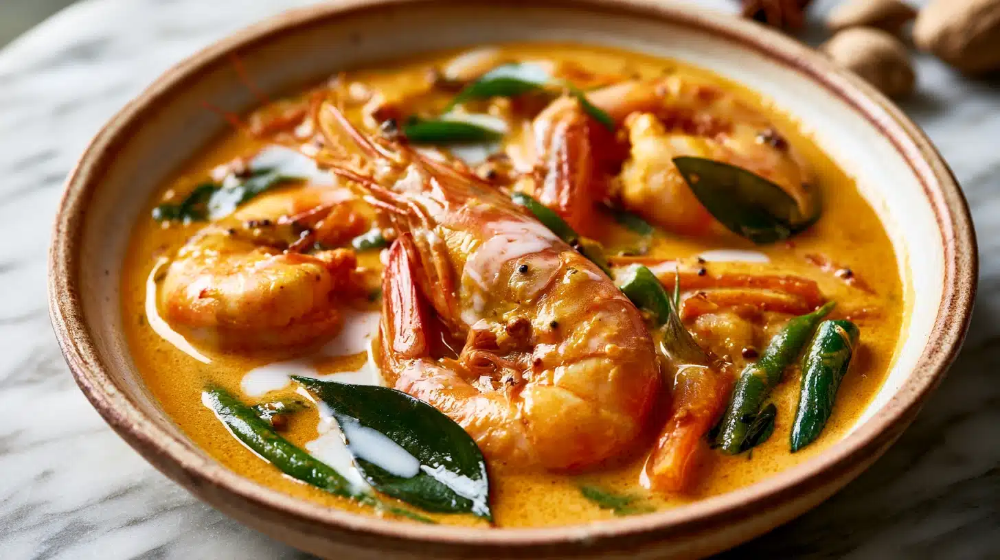 A vibrant bowl of prawn curry made with coconut milk, showcasing shrimp and assorted vegetables in a rich sauce.