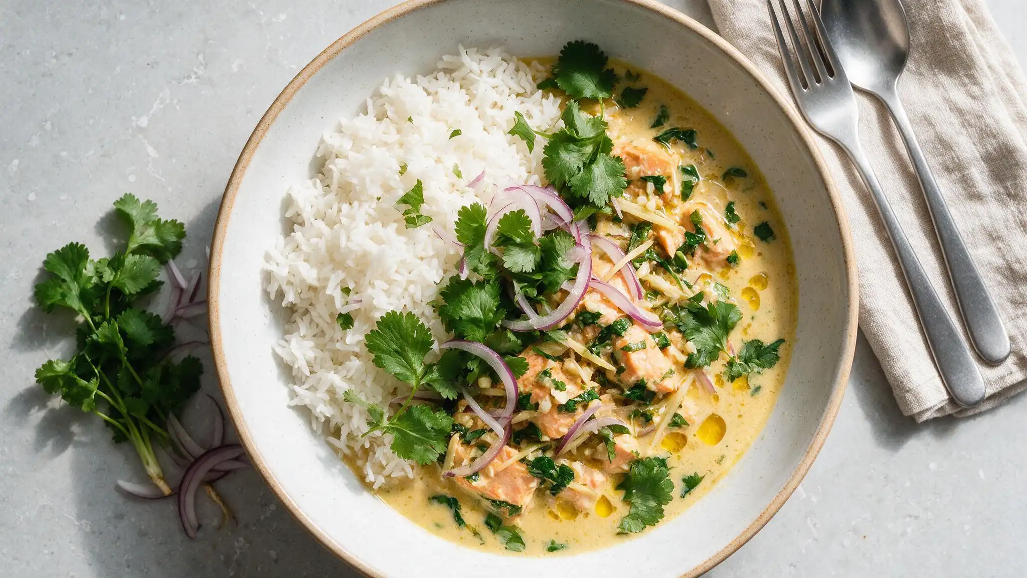 Coconut miso salmon curry served with rice cilantro and red onion