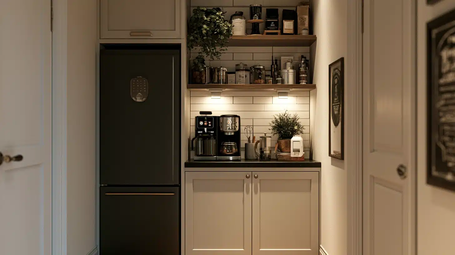 Compact coffee station with black refrigerator coffee maker open shelves jars and white cabinets in a narrow nook
