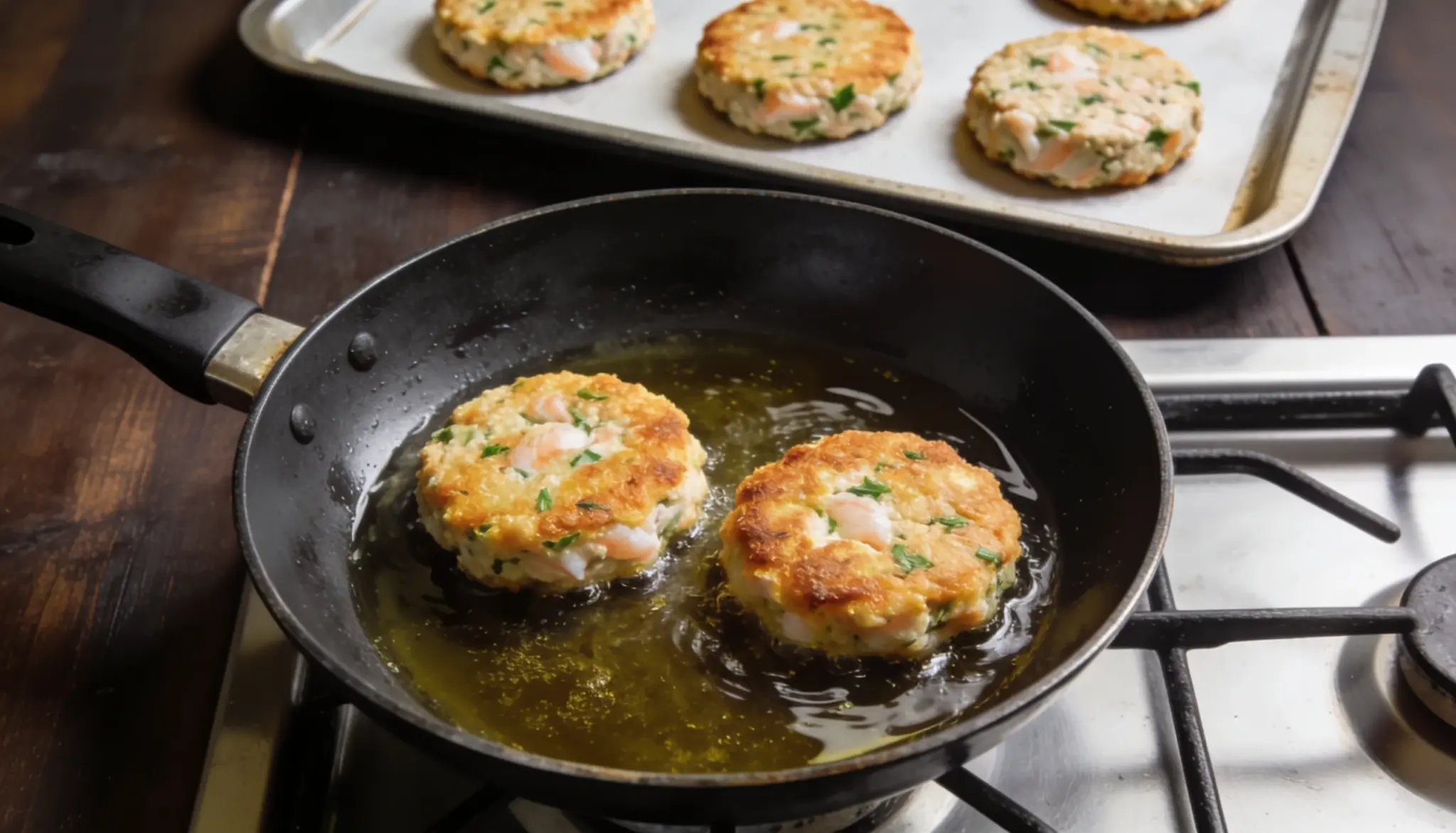 Golden salmon pattie frying in a skillet with uncooked patties on a baking tray in the background
