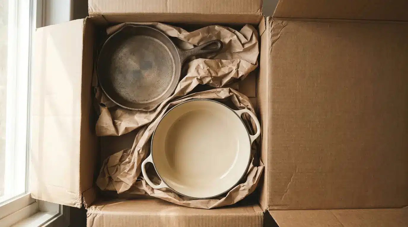 Cast iron skillet and enamel pot packed in cardboard box with brown paper wrapping
