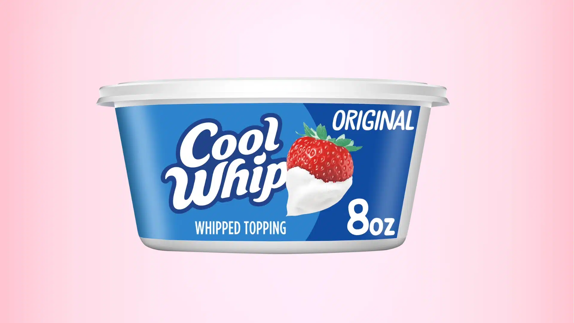 A plastic tub of Cool Whip, 8 oz size, showcasing its signature blue packaging and branding on the front