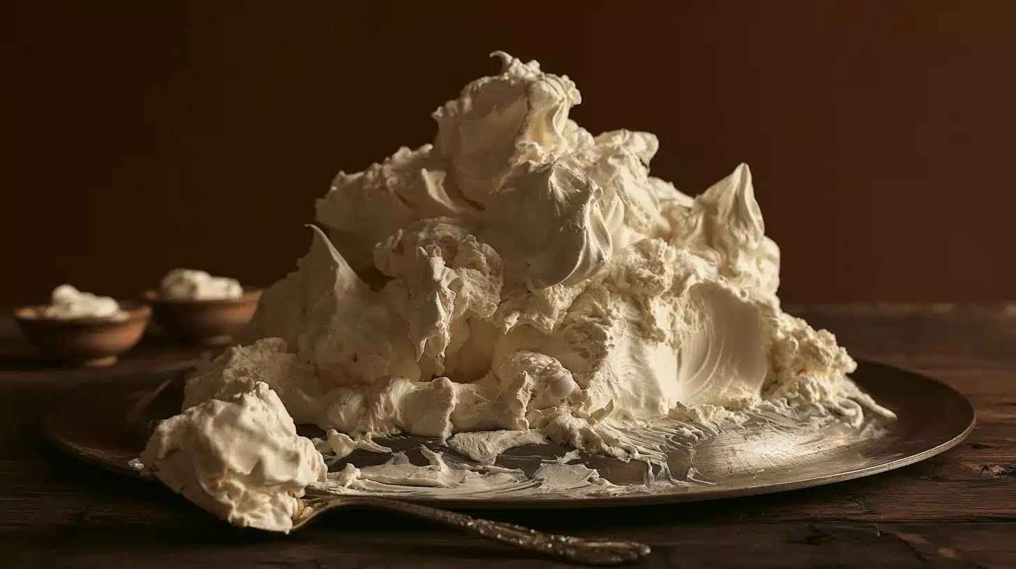 Freshly scooped Cool Whip-style whipped topping with soft peaks on a rustic plate.
