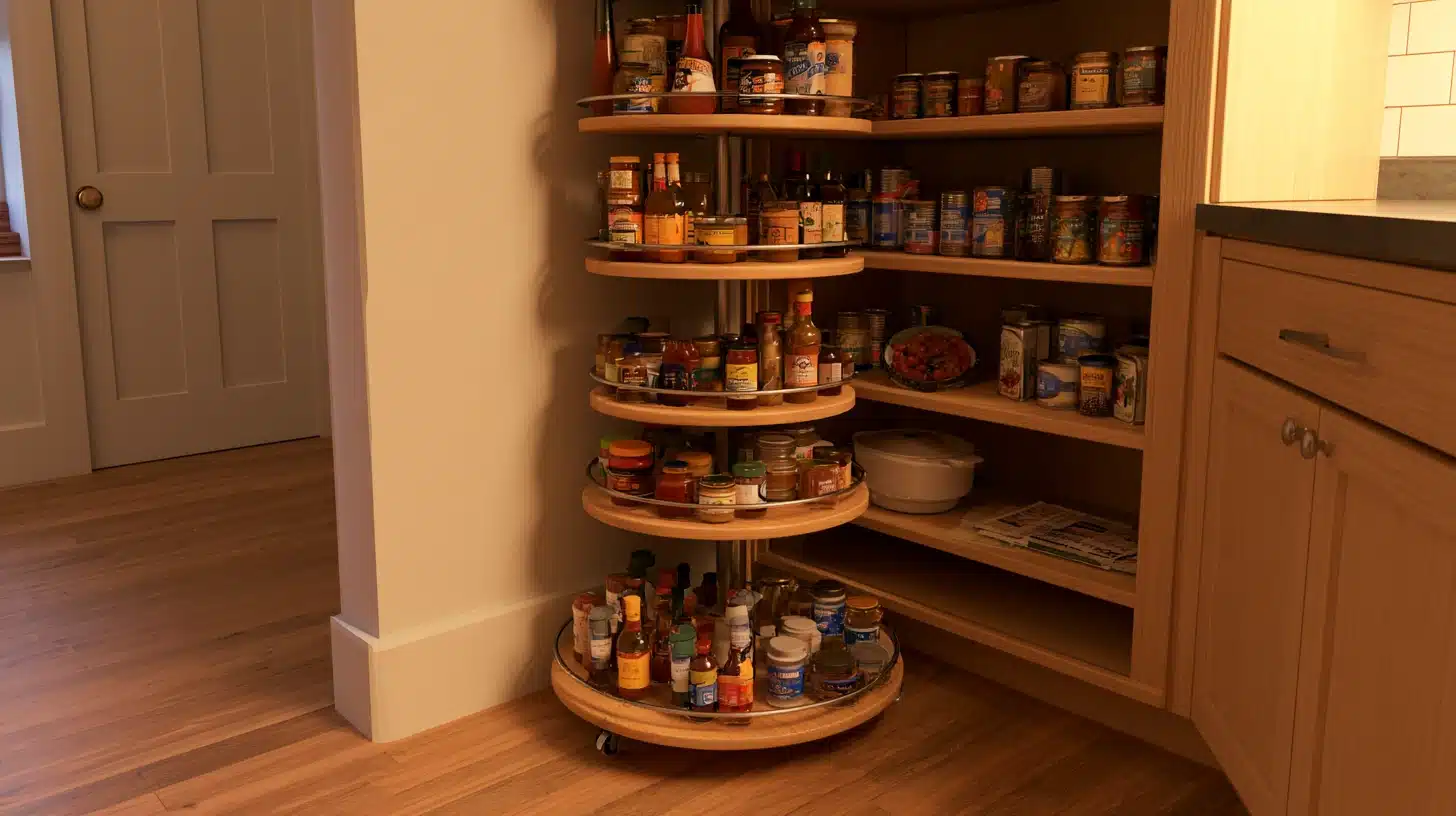 Corner pantry with rotating lazy Susan shelves holding jars bottles and condiments beside warm wooden cabinetry