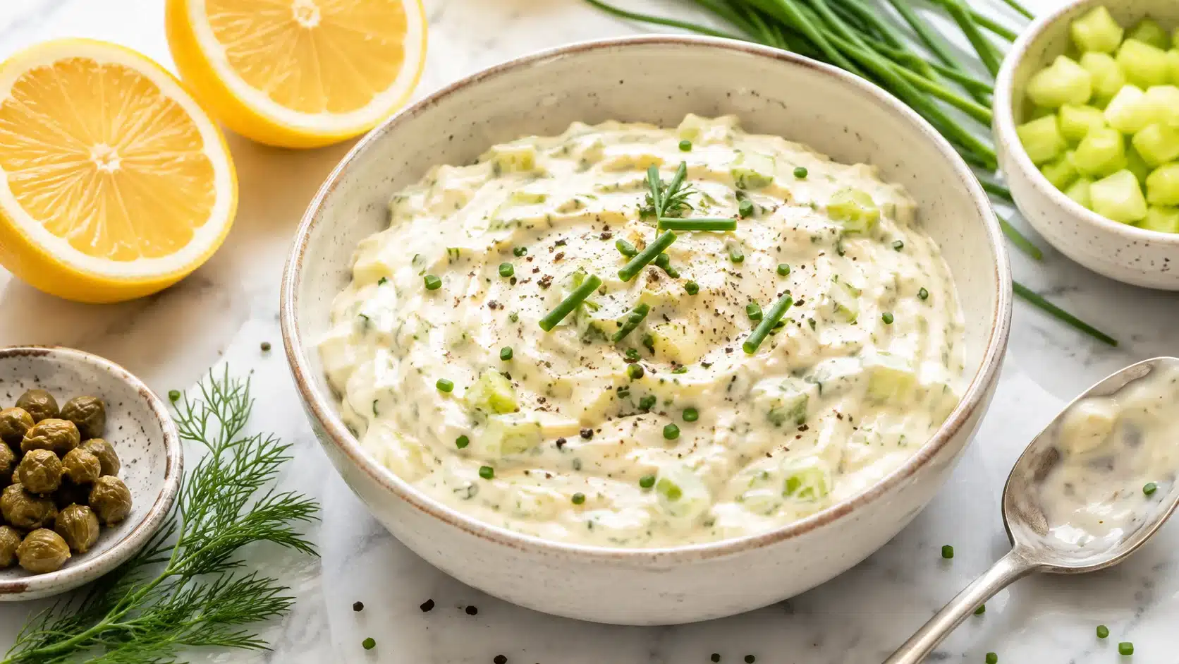 creamy shrimp roll dressing with celery, chives, dill, capers, lemon, and black pepper in a ceramic bowl