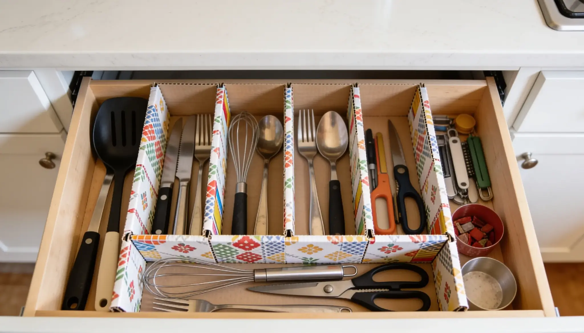 An open kitchen drawer with a colorful patterned organizer holding utensils, knives, whisks, and scissors.