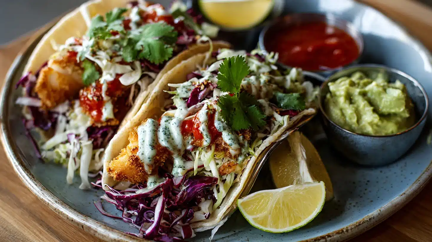 Delicious fish tacos accompanied by guacamole and fresh lime wedges