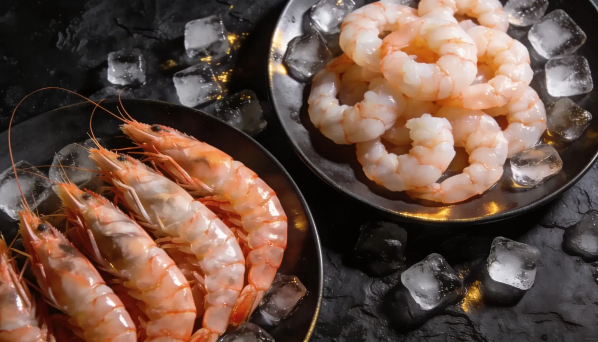 Two plates of shrimp on a dark surface one with whole shrimp and the other with prawns surrounded by ice cubes
