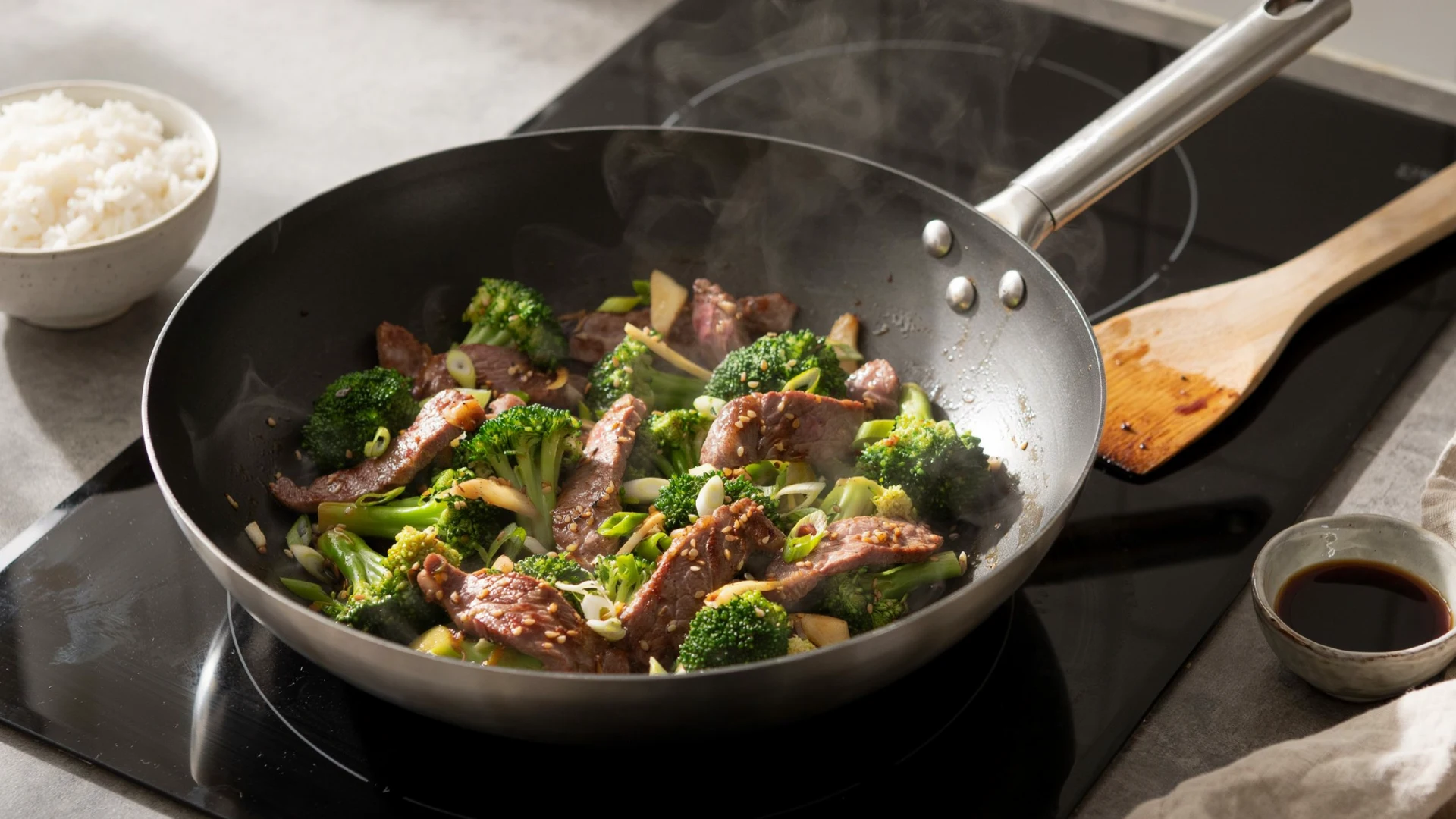 A pan having beef and broccoli, almost ready to serve.