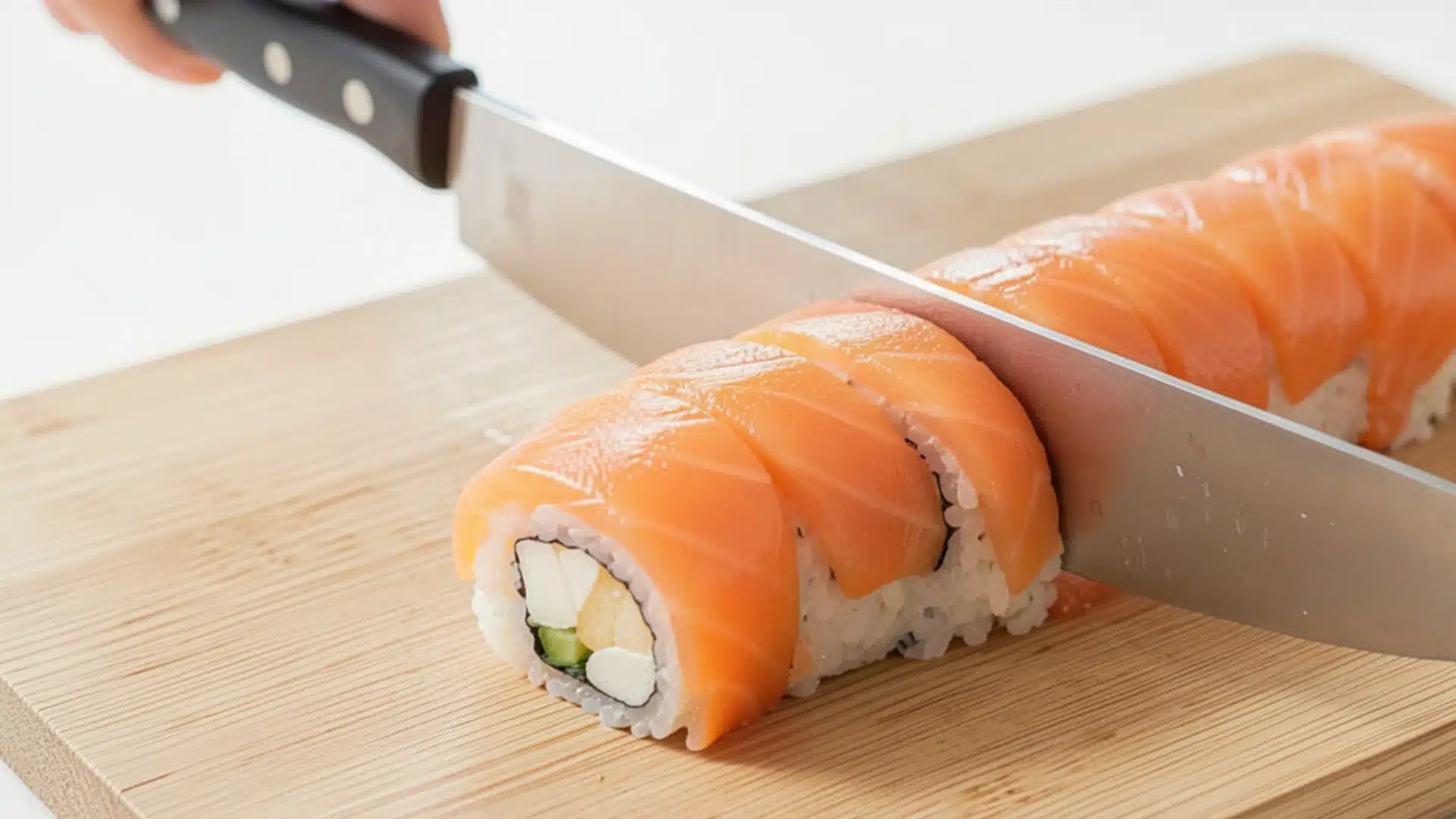fresh alaska sushi roll being sliced with a sharp knife on a wooden cutting board in bright natural daylight kitchen
