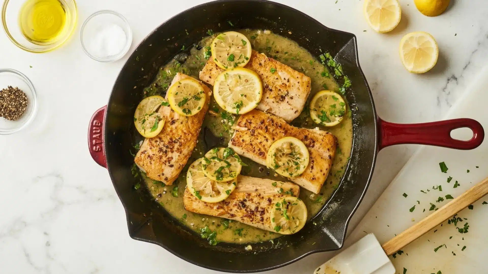 A pan containing cooked fish garnished with lemon slices, placed on a wooden table.