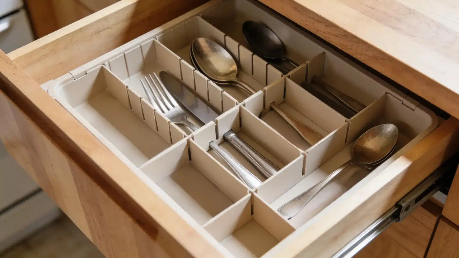 A wooden drawer with an open beige cutlery organizer holding forks, knives, and spoons.