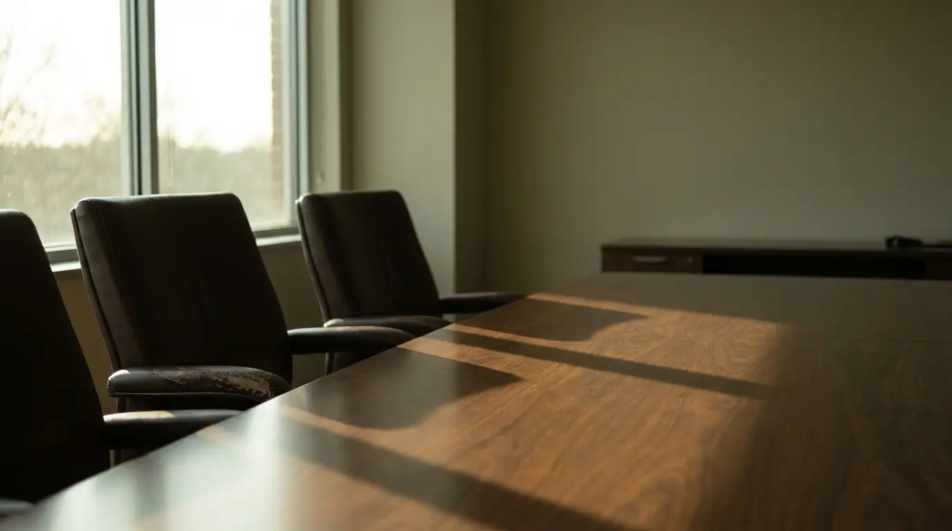 Large wooden conference table with office chairs near window in sunlit meeting room