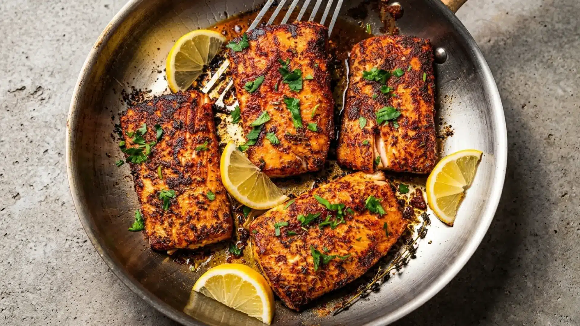 Grilled fish piece displayed on pan with lemon slice on top of it.