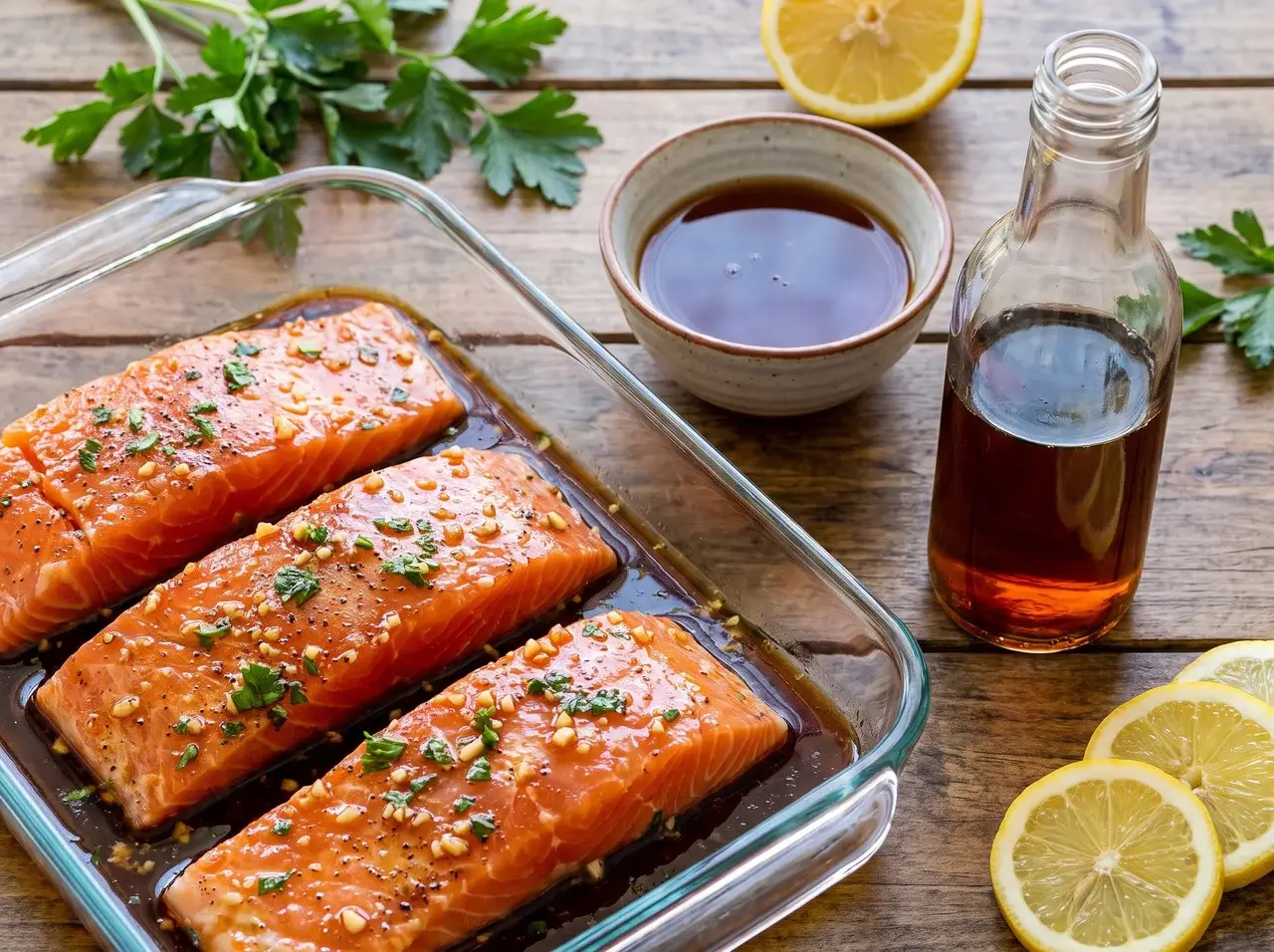 Marinated salmon fillets in glass dish with lemon slices and soy sauce on wooden table