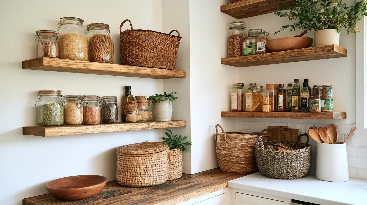 Floating wooden pantry shelves with clear jars woven baskets oils and kitchen storage arranged in a bright corner