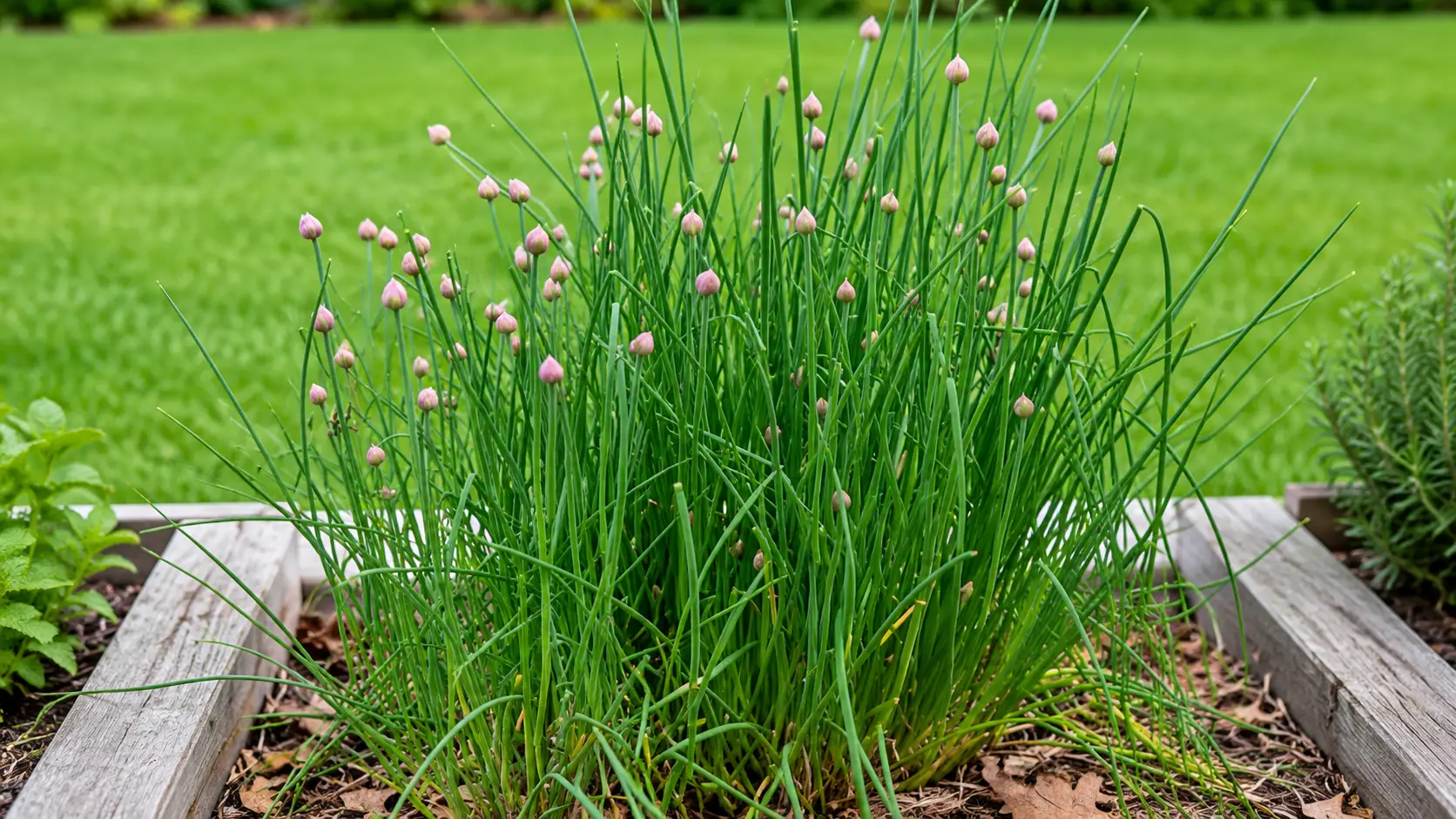 mature chive plant with long green stems and small pink flower buds growing in a garden bed