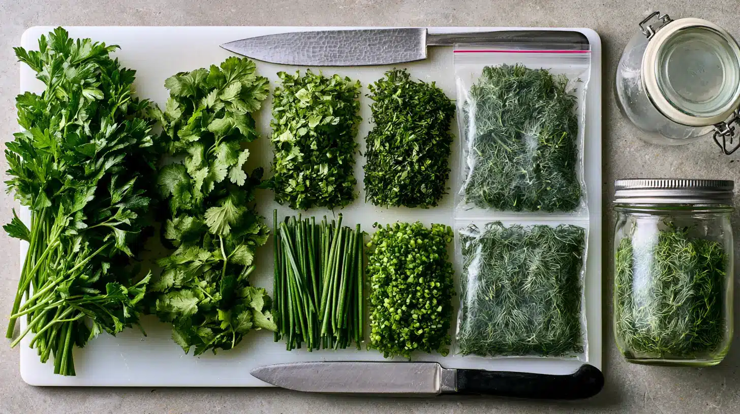 chopped parsley, cilantro, chives, and dill divided into small portions