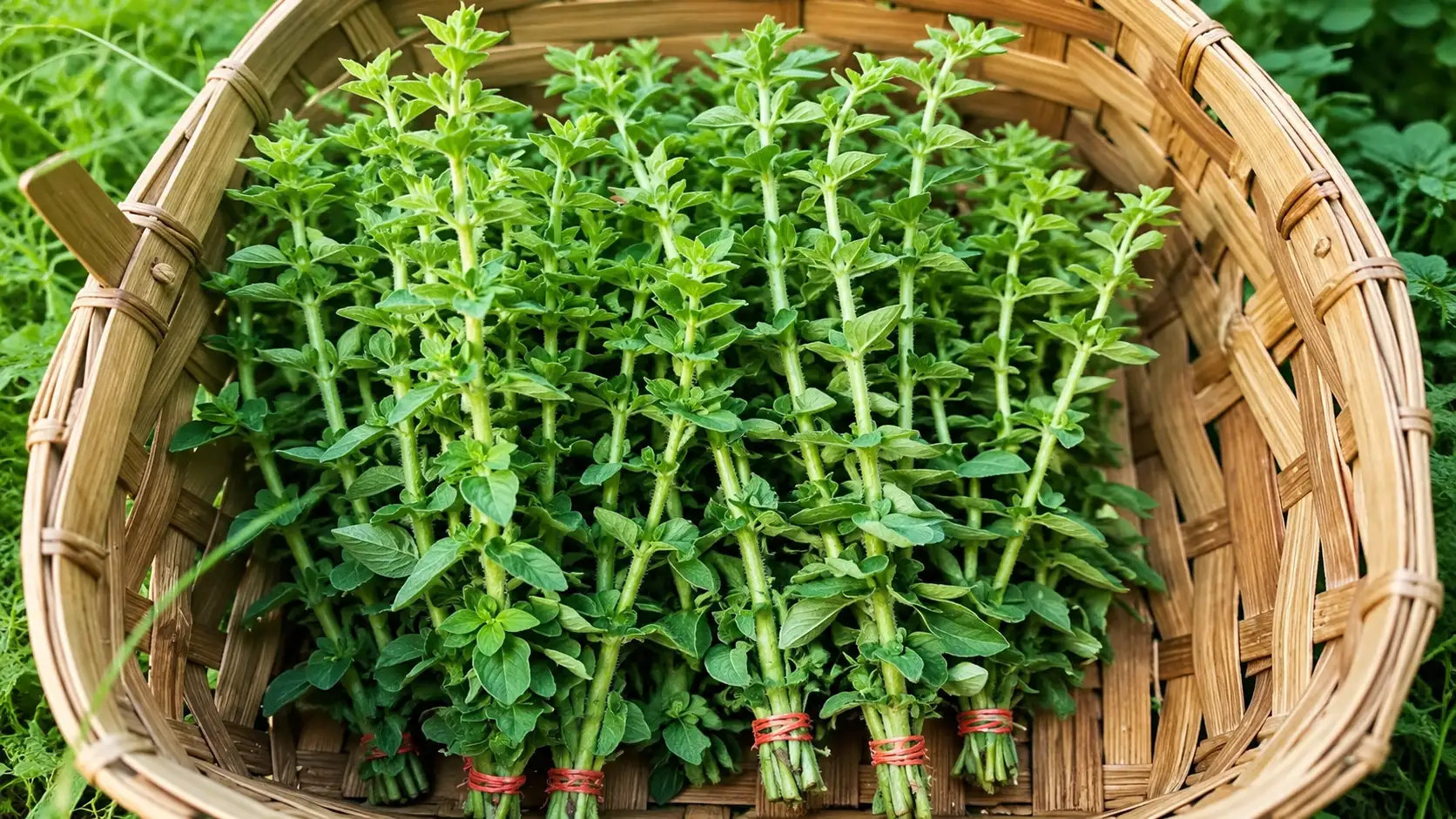 freshly harvested oregano stems tied in small bundles and arranged inside a woven basket