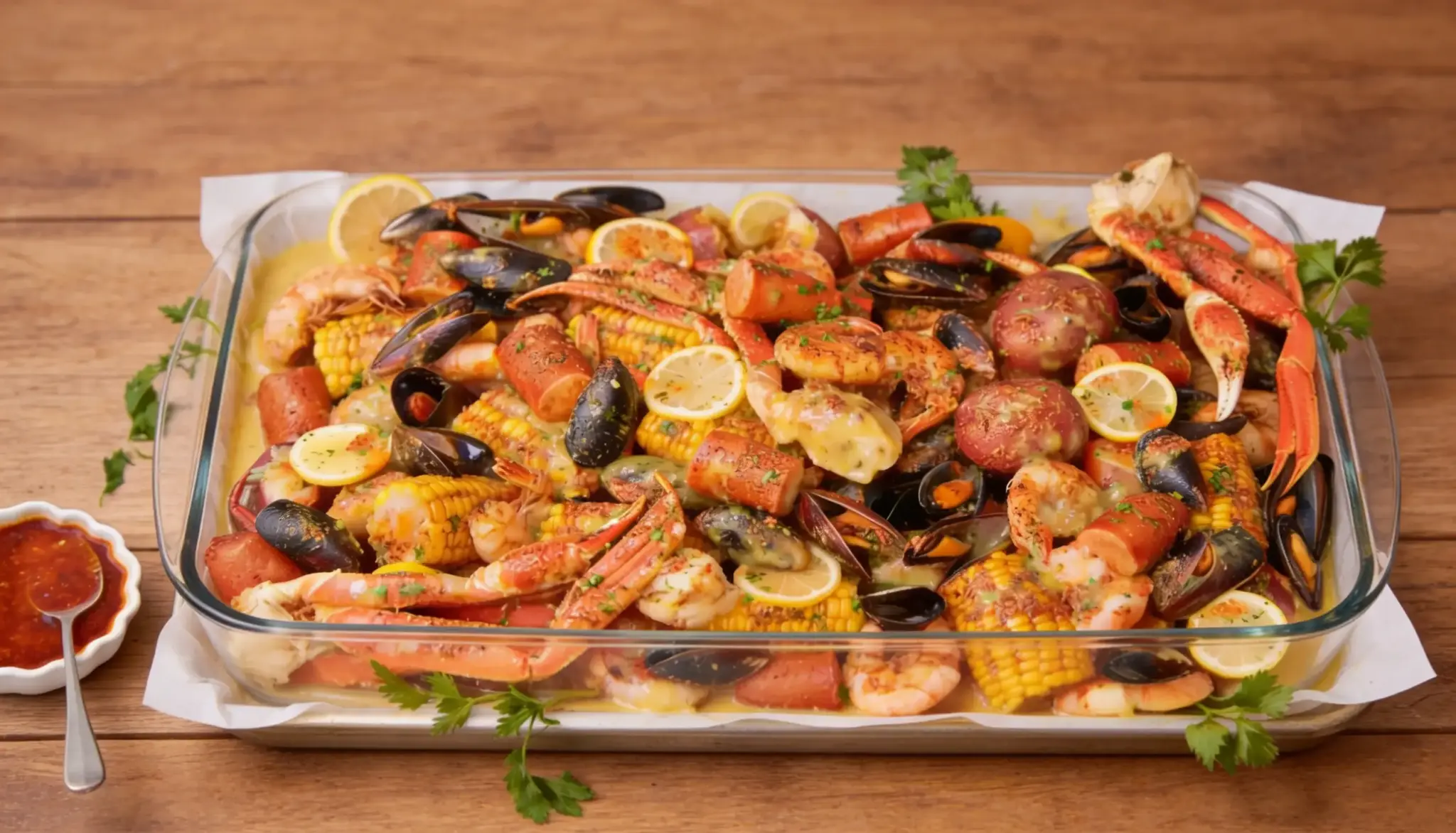 A large platter overflowing with crab legs, shrimp, mussels, corn on the cob, potatoes, and sausage in a creamy sauce, garnished with lemon slices and parsley.