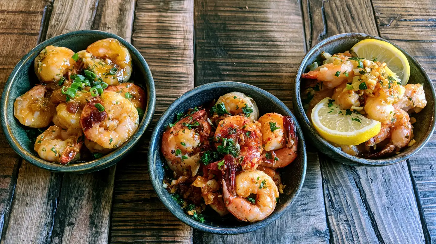 Three bowls showcasing garlic shrimp variations honey Hawaiian and lemon