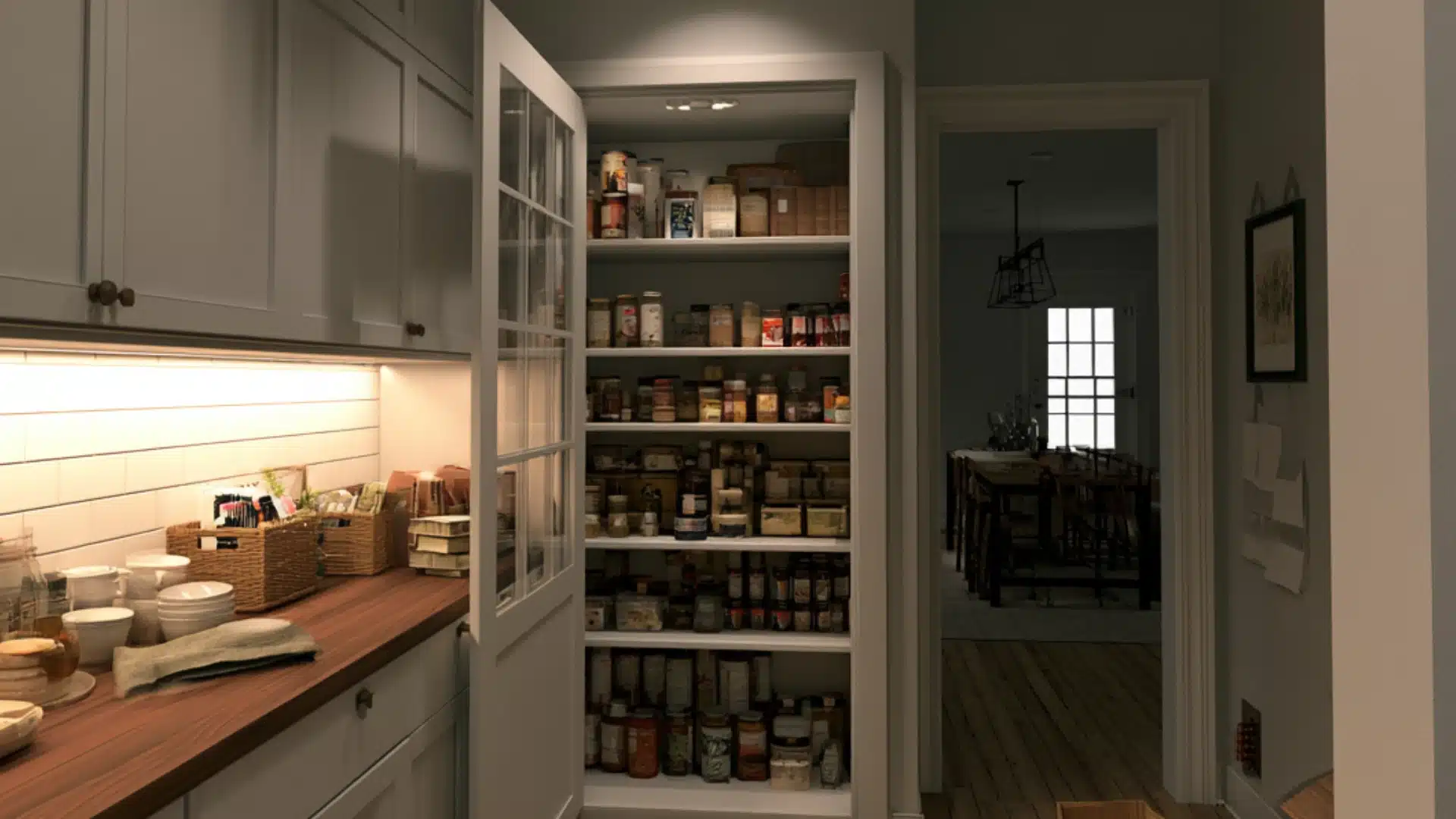 Glass door pantry with white shelves jars baskets and canned foods beside a softly lit kitchen and dining hallway