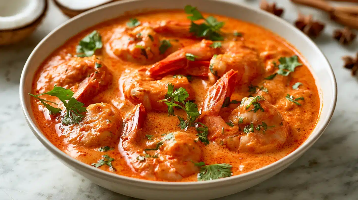 A vibrant bowl of Goan prawn curry showcasing shrimp, aromatic spices, and garnished with fresh herbs.
