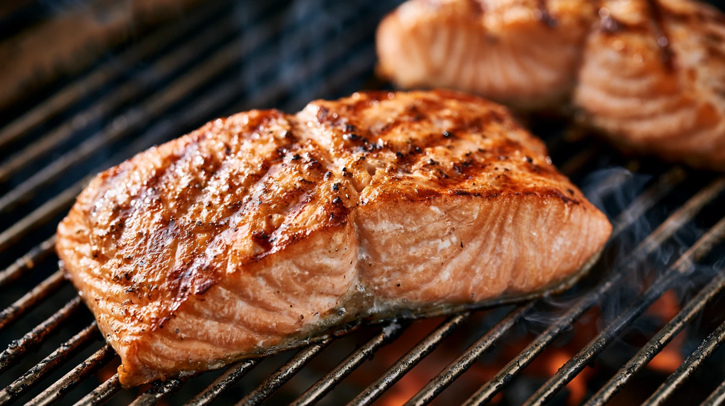 Two salmon fillets sizzling on a grill, showcasing a golden-brown sear and grill marks.