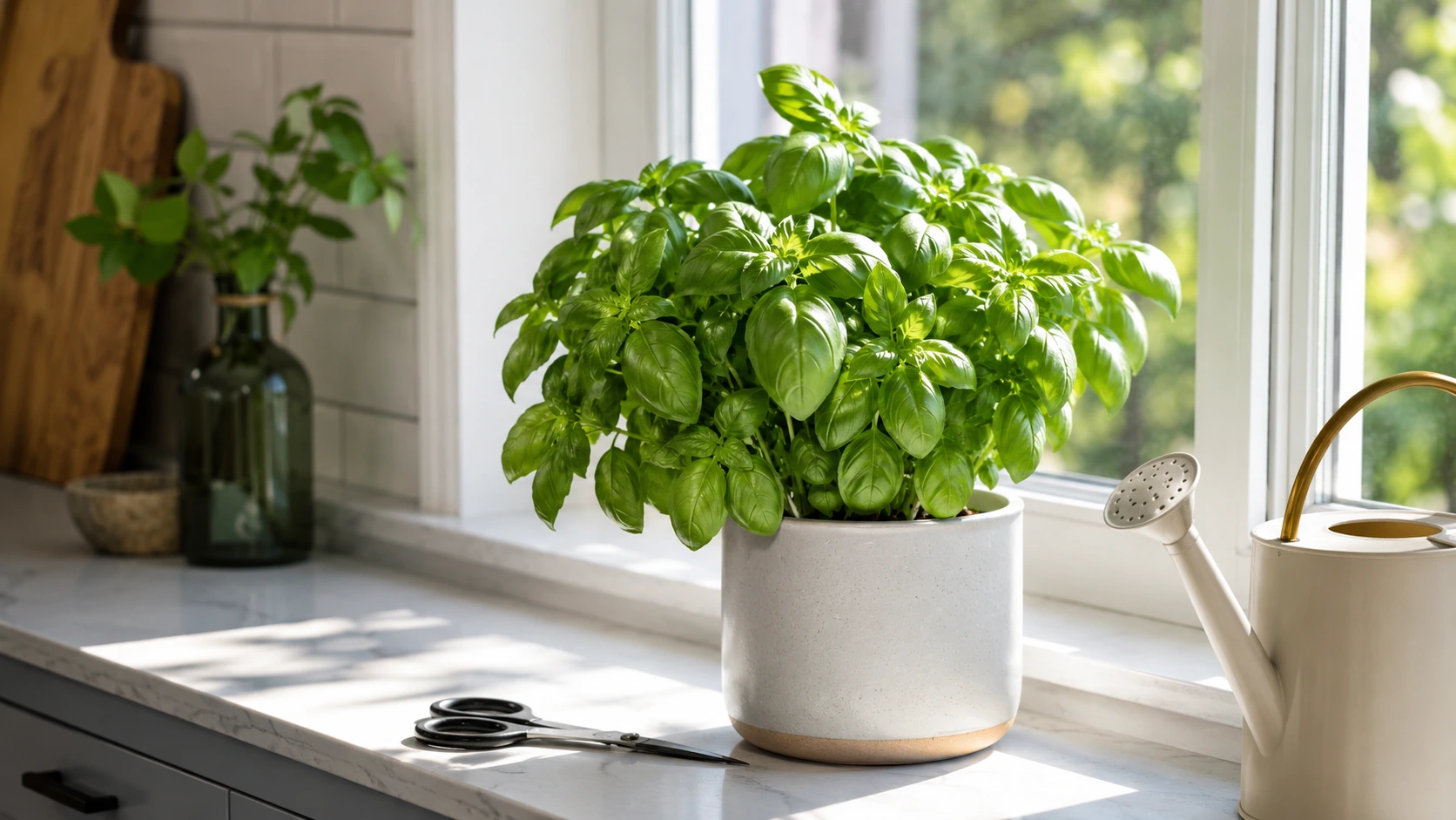 healthy indoor basil plant in a white pot beside pruning scissors and a watering can on a sunny kitchen windowsill