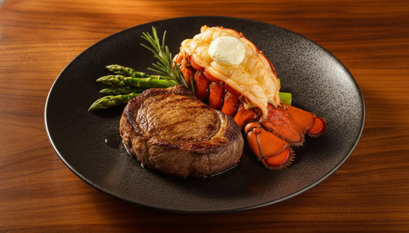 Filet mignon with lobster tail, asparagus, and rosemary garnish on black plate