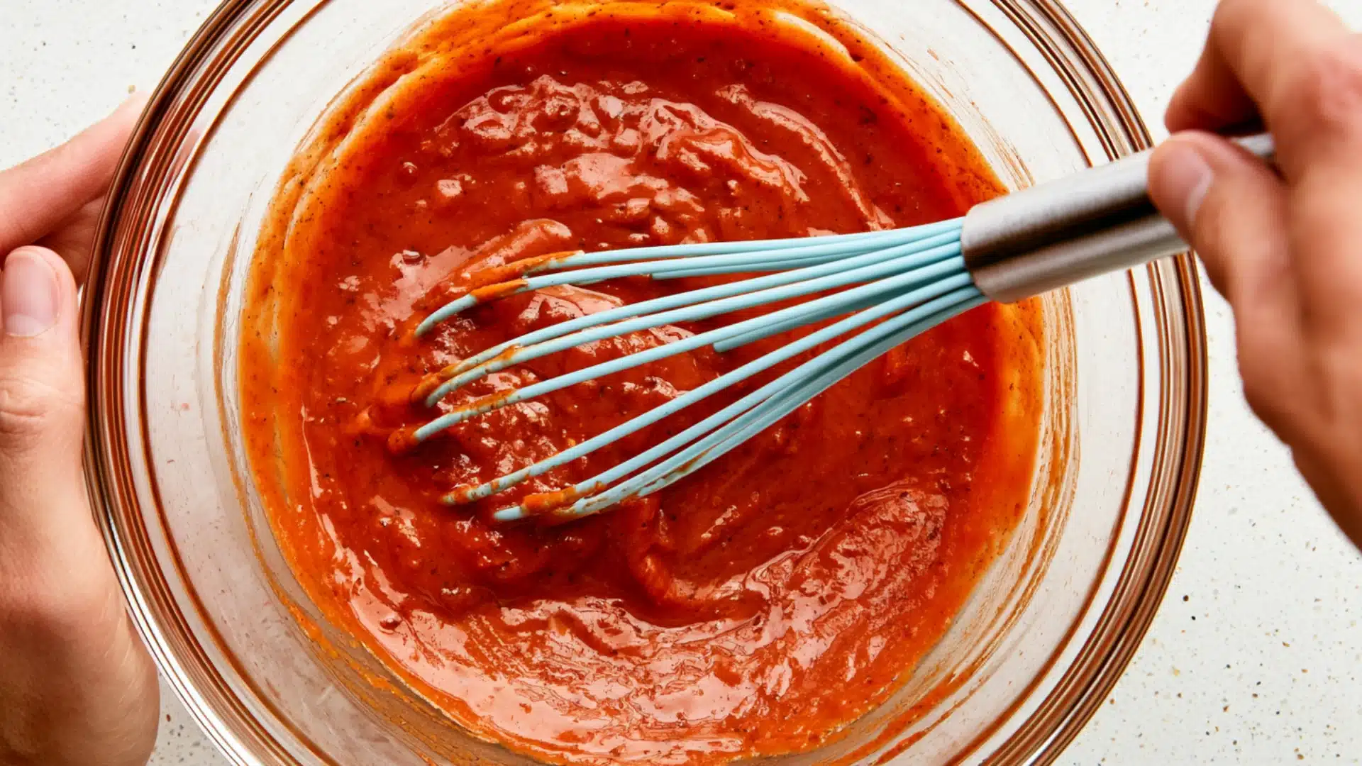 Homemade red cocktail sauce being whisked in a clear glass bowl.