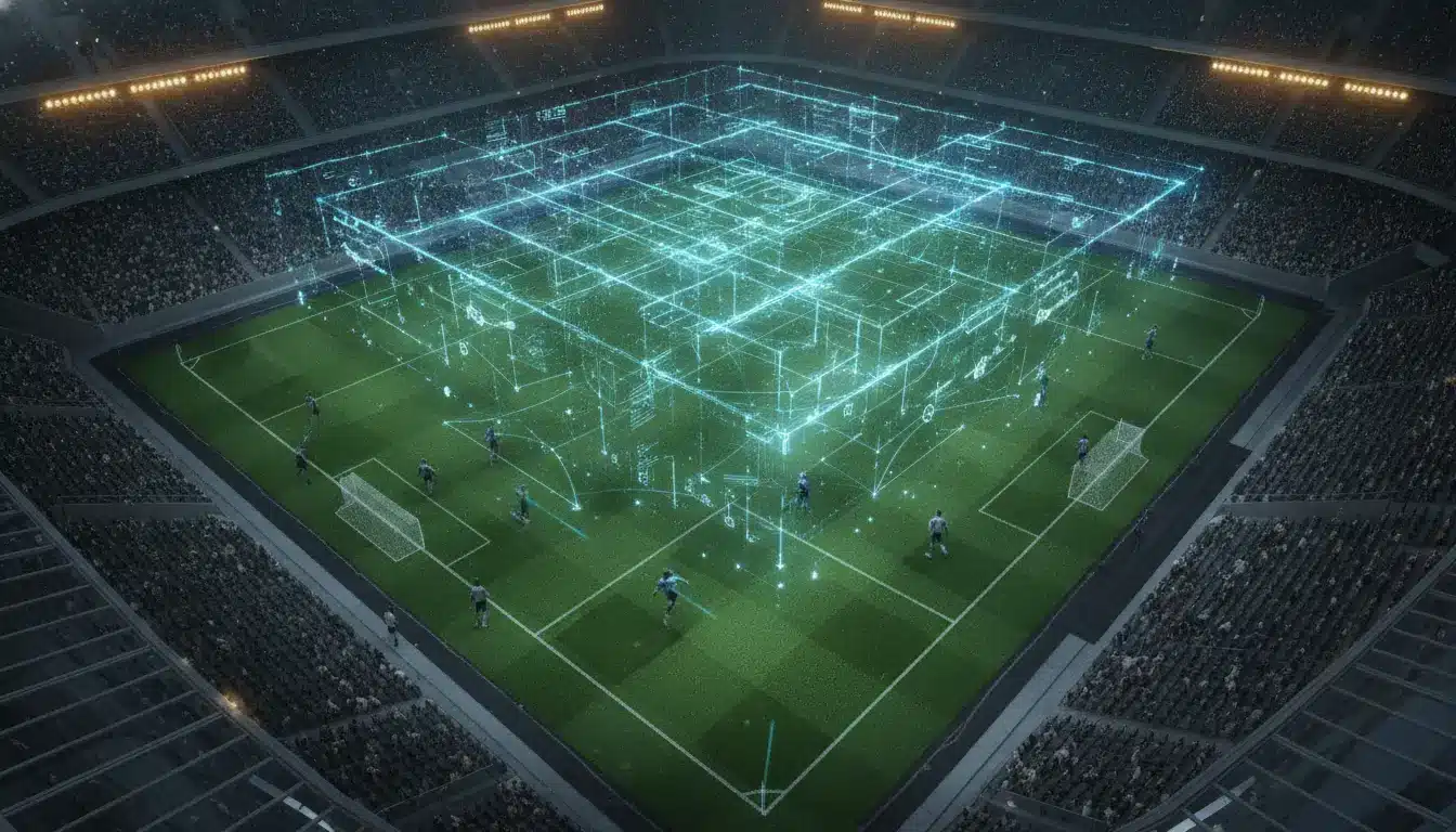 Digital overlay of soccer field layout and players in illuminated stadium at night