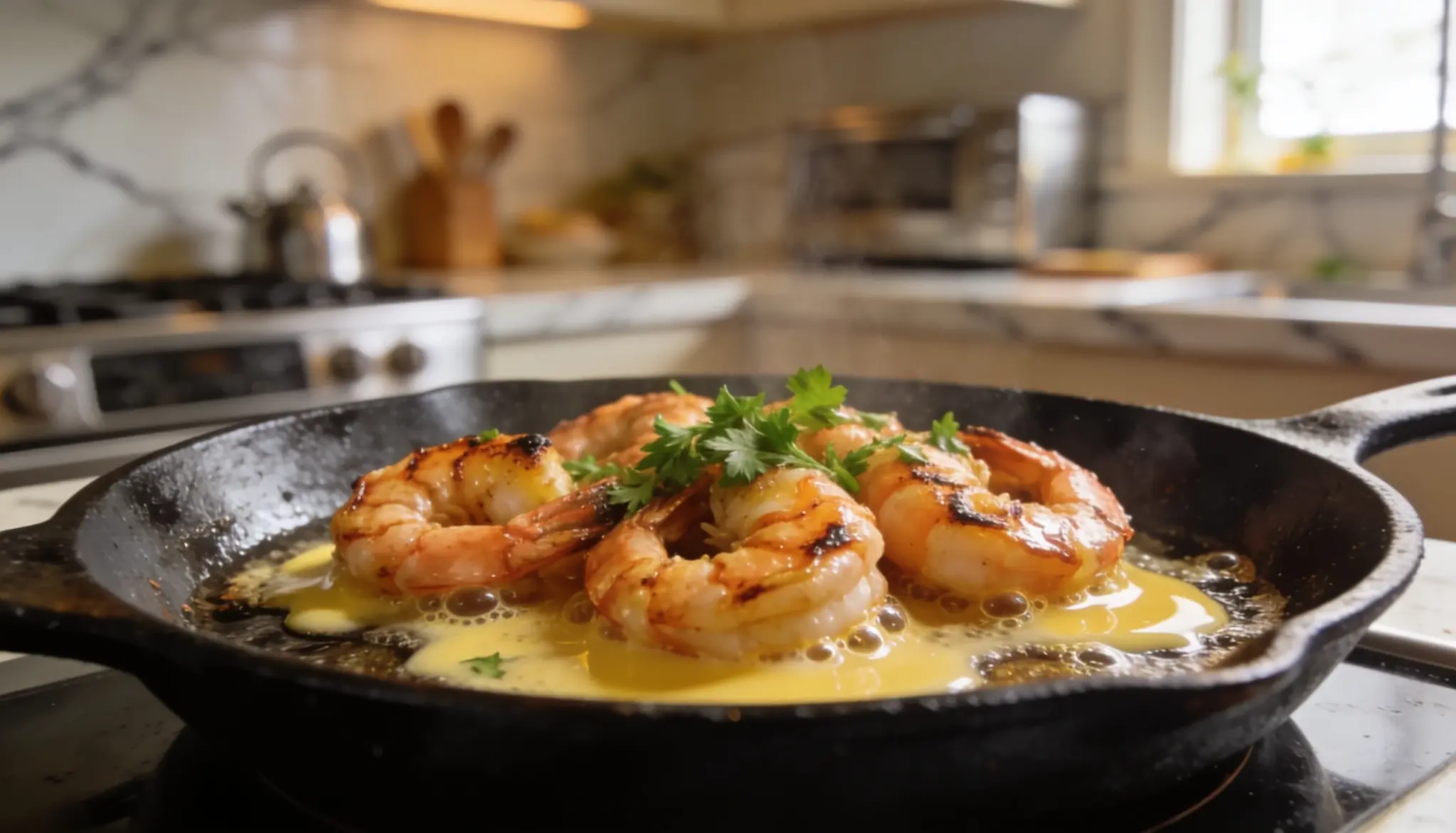 Shrimp cooking in a skillet with a flavorful sauce and fresh herbs showcasing a vibrant culinary scene