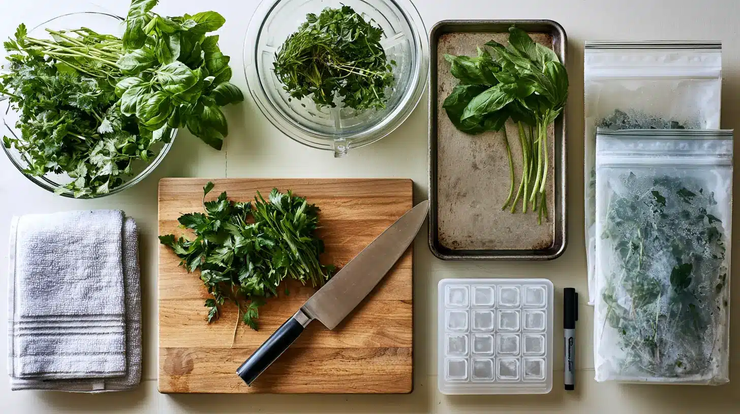 Tools and fresh herbs arranged for washing, cutting, portioning, and freezing